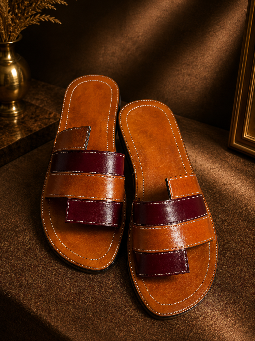 Sandales en Cuir Véritable Marron & Bordeaux – Fabrication Artisanale