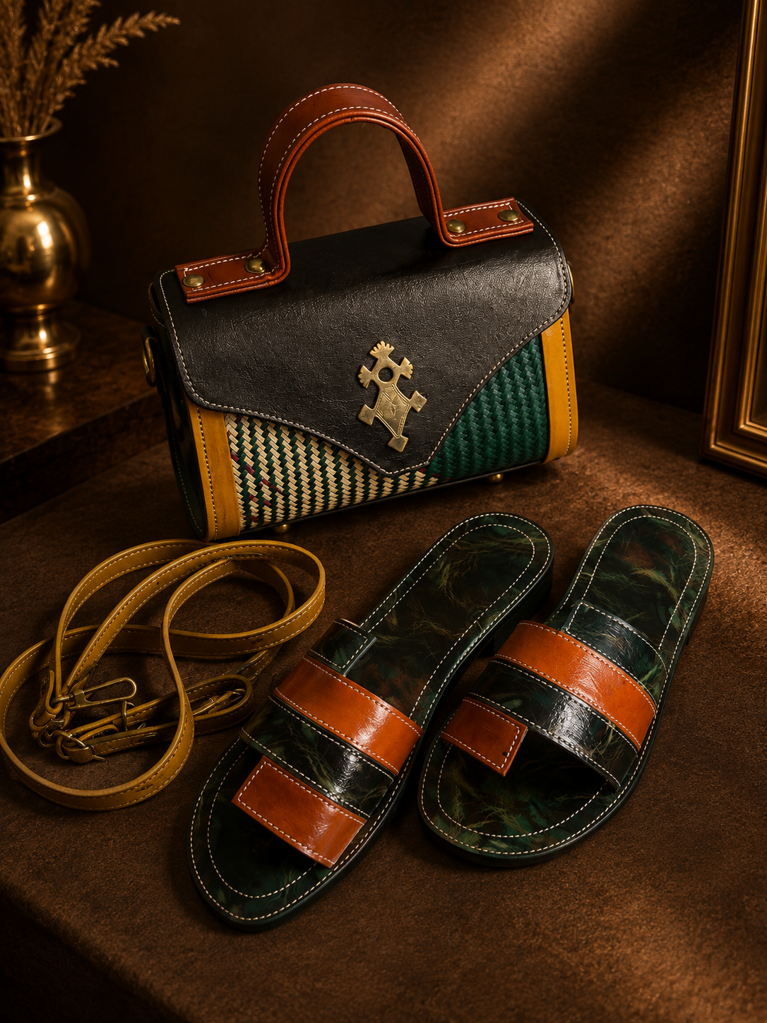 Ensemble Sac à Main, Sandales & Bandoulière – Noir, Vert & Camel | Maison Damina