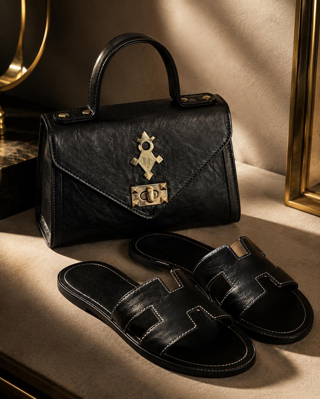 Ensemble Sac à Main & Sandales en Cuir – Noir Élégance | Maison Damina