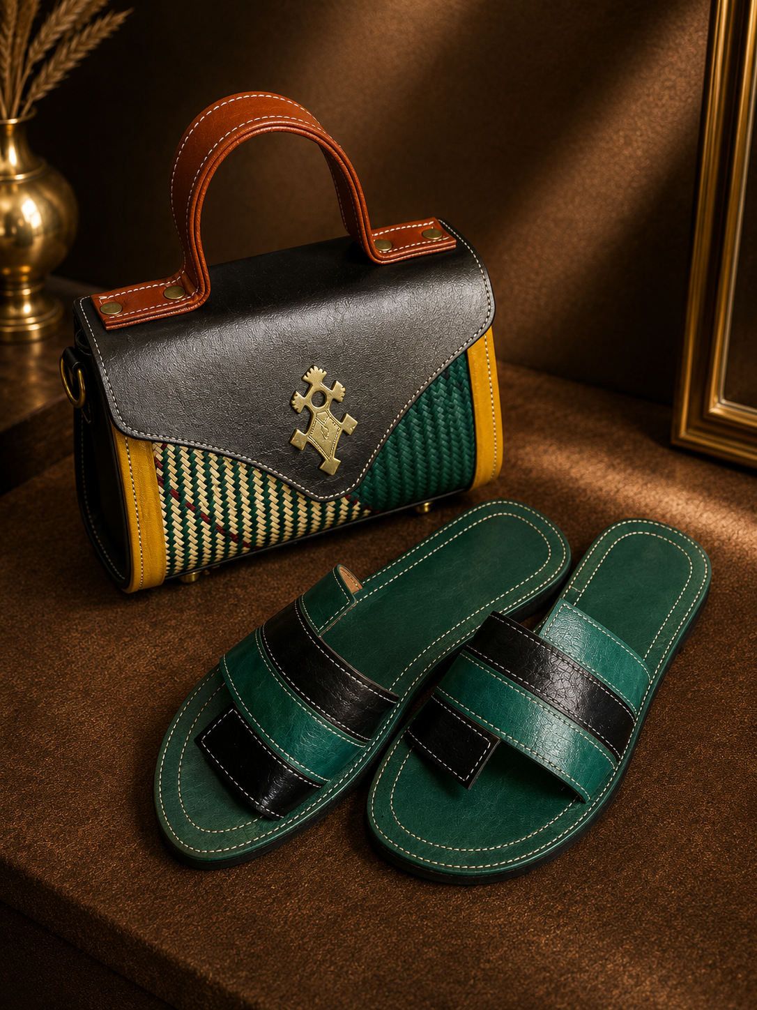 Ensemble Sac à Main & Sandales Artisanales – Vert Émeraude | Maison Damina
